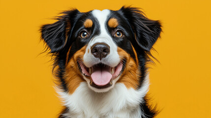 Fototapeta premium A cheerful Australian Shepherd with tri-colored fur, black, white, and brown, smiling happily against a solid yellow background. The dog’s eyes sparkle with joy, and it has its tongue out in excitemen