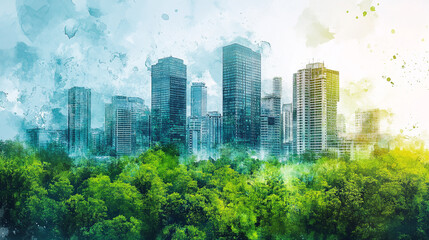 Obraz premium Urban skyline blends with vibrant green forest under a bright sky at dawn