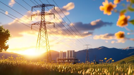 Stunning View of a Nuclear Power Plant at Sunset with Power Lines