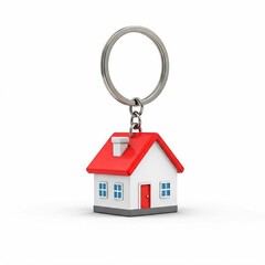 Key chain with mini house white and blue background.