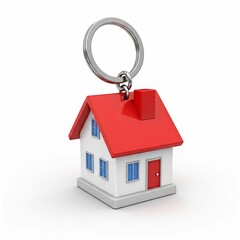 Key chain with mini house white and blue background.