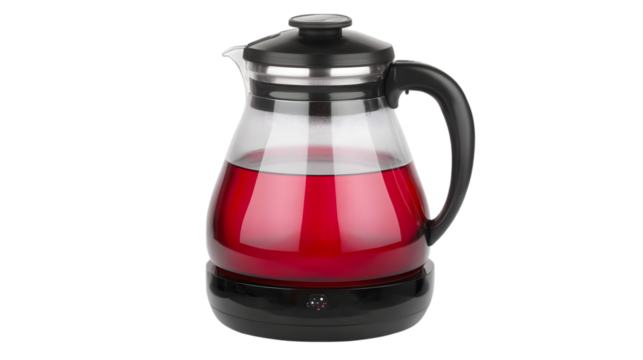 A stylish electric tea infuser with a glass carafe and stainless steel base, centered on a transparent background for a clean and elegant look 