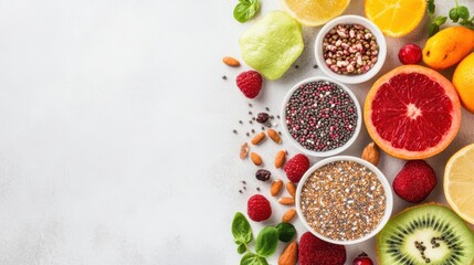 A vibrant assortment of colorful fruits and vegetables fills multiple bowls on a rustic table, creating a feast for the eyes and a celebration of nature's bounty.