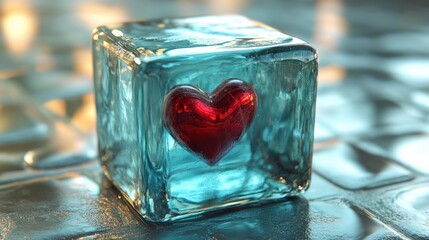 Glass ice cube with glowing red heart inside on blue surface