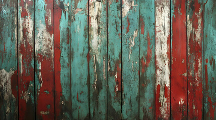 Weathered Wood Planks with Chipped Paint in Vibrant Colors