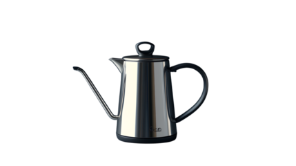 A stylish tea kettle with a gooseneck spout and a polished stainless steel finish, positioned prominently on a transparent background for a sleek and minimalist look 