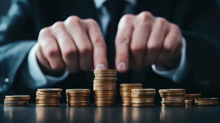 A sharply dressed man in a sleek suit meticulously stacks shimmering coins, creating a growing tower of wealth and ambition amidst a soft, blurred backdrop.