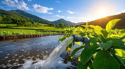 Stunning Scenic Landscape with Water Flowing in Green Fields