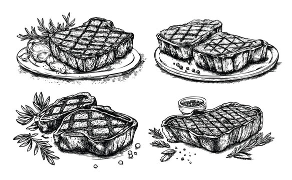 Bbq roast meat engraving vector set. Paper plate wooden desk steak salt spices fried food, hand drawn monochrome grayscale retro ink sketch isolated vectors on white background