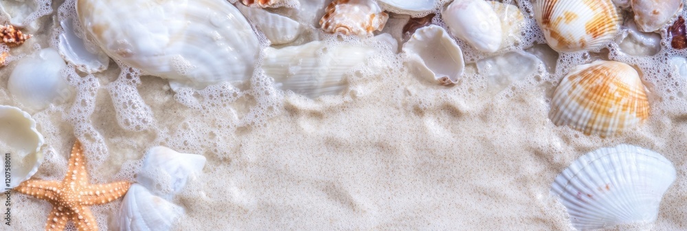 Poster coastal sand and seashells with starfish patterning by gentle waves