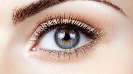 Obraz premium A mesmerizing close-up of a woman's eye, adorned with long, elegant lashes that frame her gaze, revealing depth and beauty in every detail.