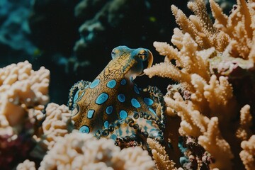 A blue-ringed octopus camouflaged among coral reefs in the Great Barrier Reef, tentacles poised for prey