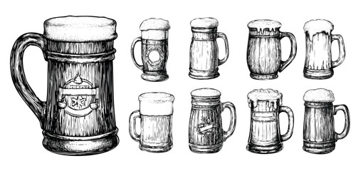 Beer mug engraving vector set. Pub beverages foamy ale etched bar vessels carved tankard, party holiday anniversary hand drawn drinking accessory isolated vectors on white background