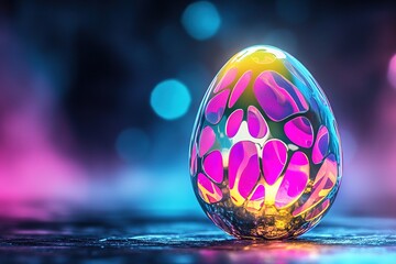 Vibrant metallic Easter egg decorated with neon patterns stands on a dark background, showcasing pastel shades of pink, blue, and yellow for a modern holiday greeting