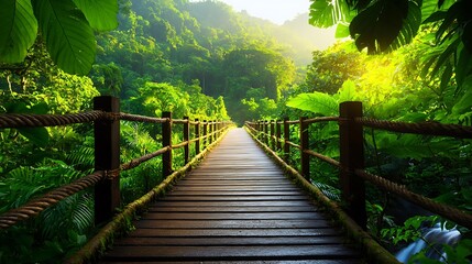 Obraz premium Tranquil Solo Pathway Through Lush Nature Landscape in Morning Light