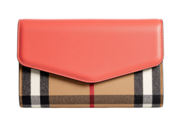 Coral and tan plaid wallet on transparent background