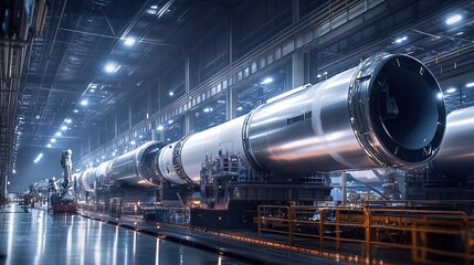 Rocket assembly facility interior showcasing advanced technology and precision engineering, where skilled technicians meticulously construct and test spacecraft components
