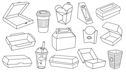 Cardboard food boxes outline set. Takeaway containers. Paper and plastic takeaway containers set. Empty snack packaging. Carton disposable, recyclable packs. Vector illustrations isolated