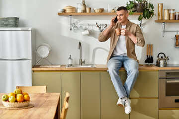 A young man is relaxing in his stylish apartment while chatting on the phone and sipping a drink.