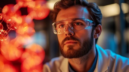 Focused Male Scientist Examining Molecular Model in a Laboratory