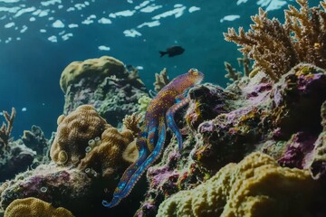 Naklejka premium A blue-ringed octopus camouflaged among coral reefs in the Great Barrier Reef, tentacles poised for prey