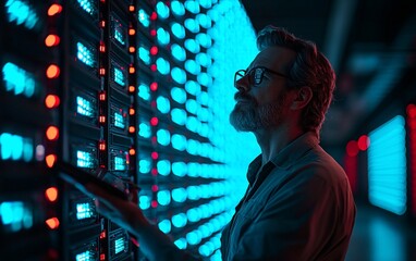 IT specialist inspecting server rack in data center.