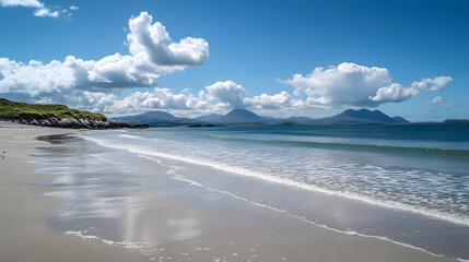 Serene Beach with Gentle Waves and Mountains in the Background