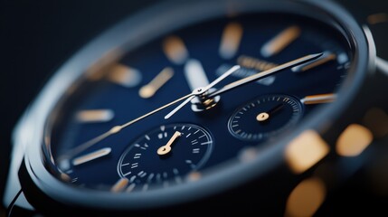 A stunning close-up reveals a sleek watch featuring a vibrant blue face, elegantly contrasted by a sophisticated black strap that exudes timeless style.