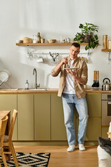Young man is having a relaxed time at home, savoring delicious food in a stylish kitchen.