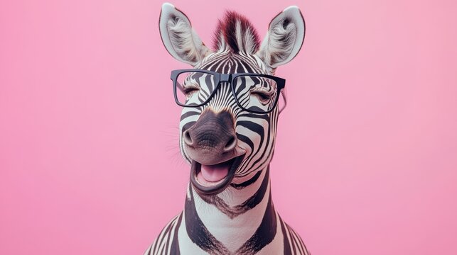 A laughing funny zebra in eyeglasses on the pink background