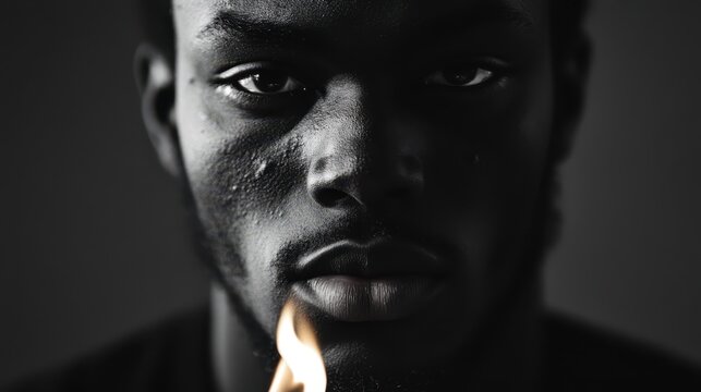 A daring man balances a lit matchstick between his lips, embodying a blend of audacity and intrigue in a captivating moment of boldness.