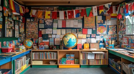 The globe in the classroom is used to teach geography. A colorful classroom filled with books, maps, and educational decorations.