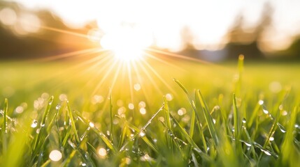 Fototapeta premium A radiant close-up of sunlit grass blades swaying gently, casting intricate shadows and creating a serene, golden-green tapestry of nature's beauty.