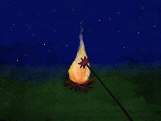 A nighttime scene with a crackling fire with a sausage roasting on a stick, evoking the essence of camping.