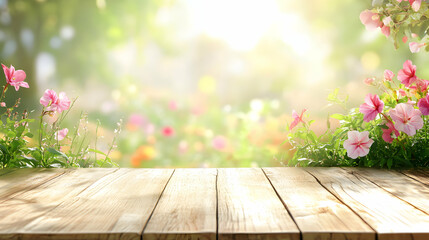Bright Floral Background with Wooden Table for Nature Photography