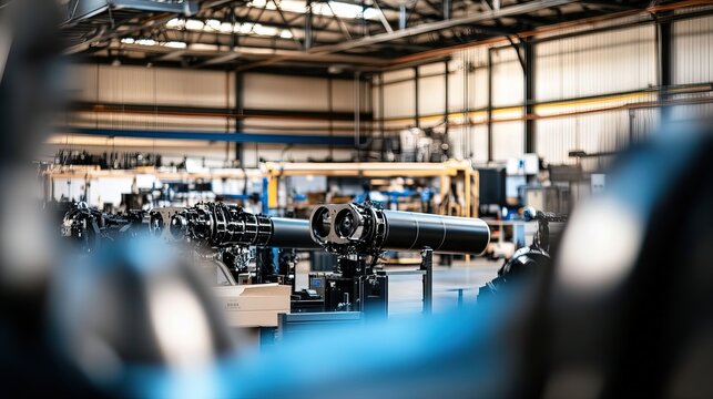 Rocket assembly facility interior showcasing advanced technology and precision engineering, where skilled technicians meticulously construct and test spacecraft components
