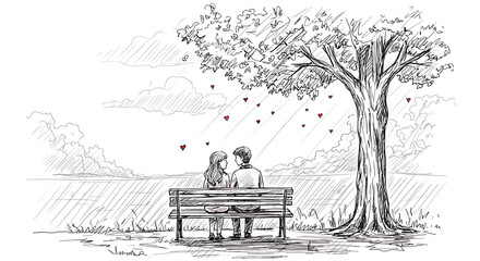Romantic Hand-Drawn Sketch of Couple on Bench Under Tree .
