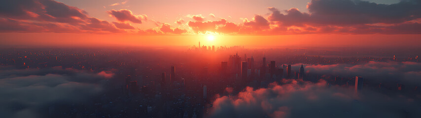 Fototapeta premium a metropolis at dawn, shrouded in a light mist. Morning sunlight pierces through the haze, highlighting modern architecture