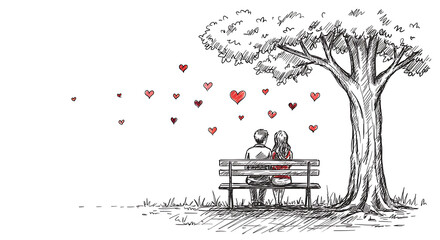 Romantic Hand-Drawn Sketch of Couple on Bench Under Tree .