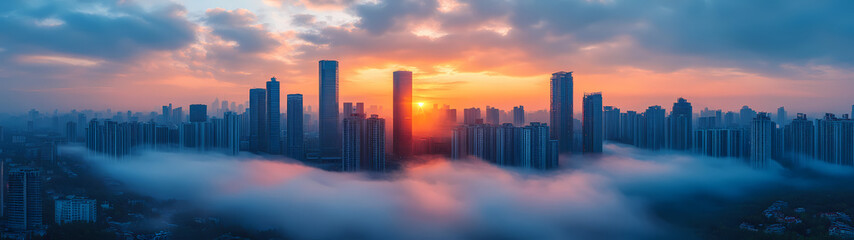 Fototapeta premium a metropolis at dawn, shrouded in a light mist. Morning sunlight pierces through the haze, highlighting modern architecture