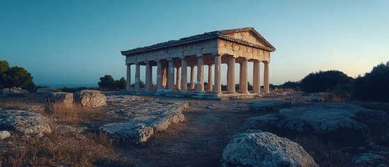 Obraz premium Ancient Greek Temple Ruins Sunset Coastal Serenity