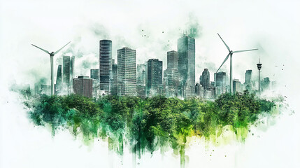 City skyline blending with green landscapes featuring wind turbines and modern buildings