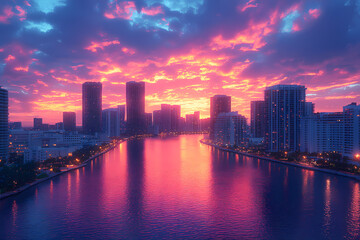 Fototapeta premium Cityscape under a deep sapphire sky, with neon lights and reflections in the water 