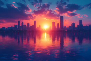 Cityscape under a deep sapphire sky, with neon lights and reflections in the water
