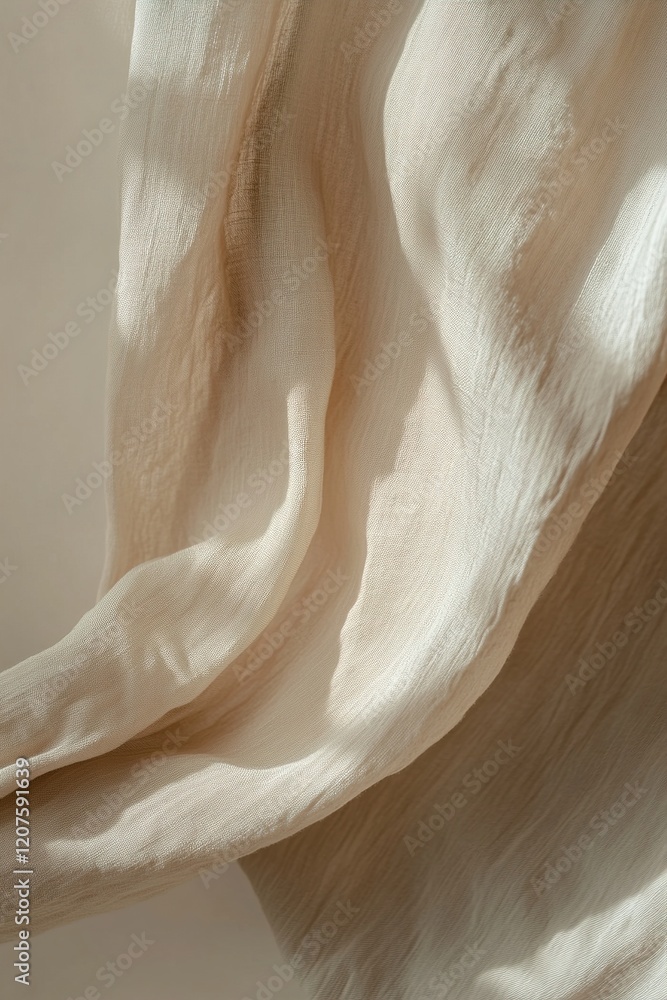 Poster a soft linen curtain in a muted beige tone flows gently in through natural light, showcasing its sub