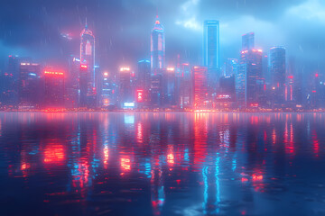 Fototapeta premium Cityscape under a deep sapphire sky, with neon lights and reflections in the water 
