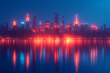 Cityscape under a deep sapphire sky, with neon lights and reflections in the water

