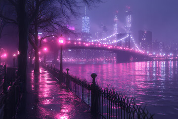 Cityscape under a deep sapphire sky, with neon lights and reflections in the water
