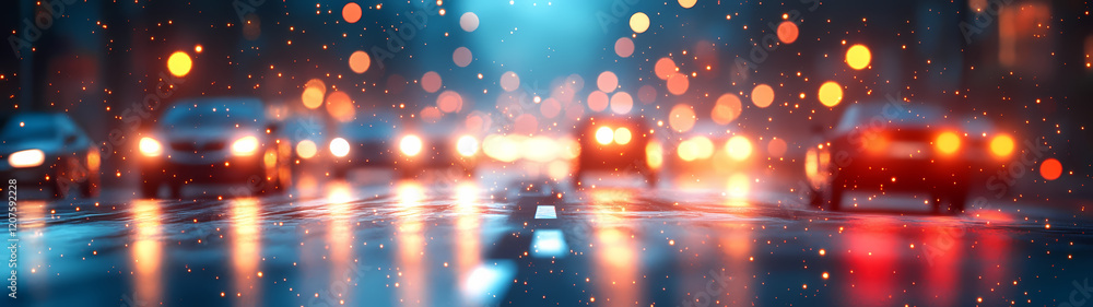 Poster a blurred image of evening traffic in a large metropolis. bright headlights and streetlights create 