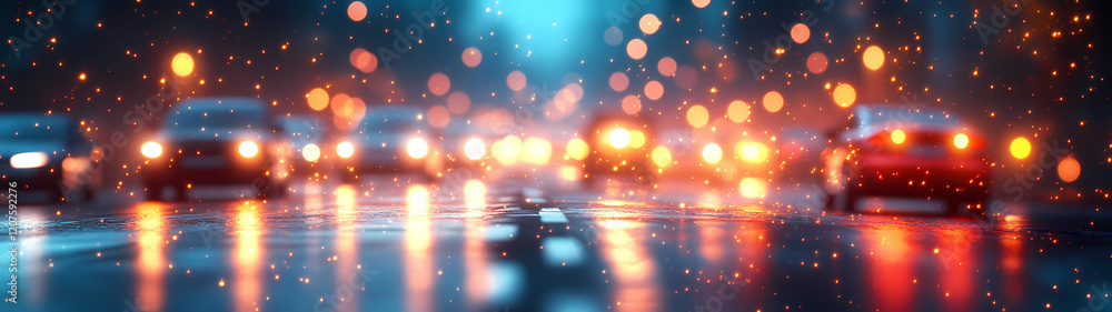 Poster a blurred image of evening traffic in a large metropolis. bright headlights and streetlights create 